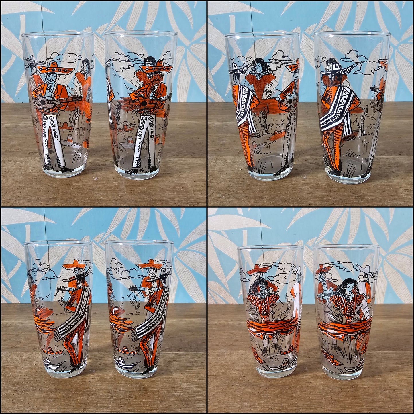 Set of five 1960s colourful flamenco dancer highballs