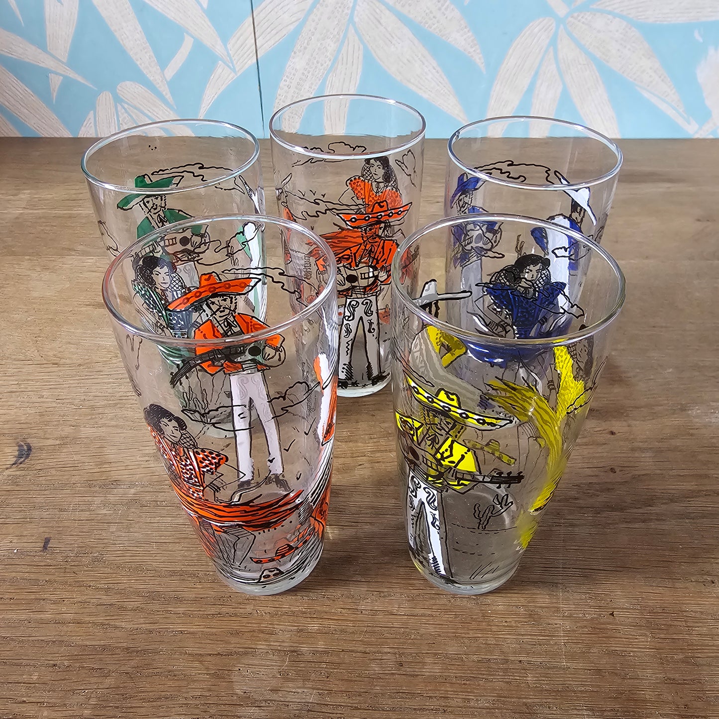 Set of five 1960s colourful flamenco dancer highballs