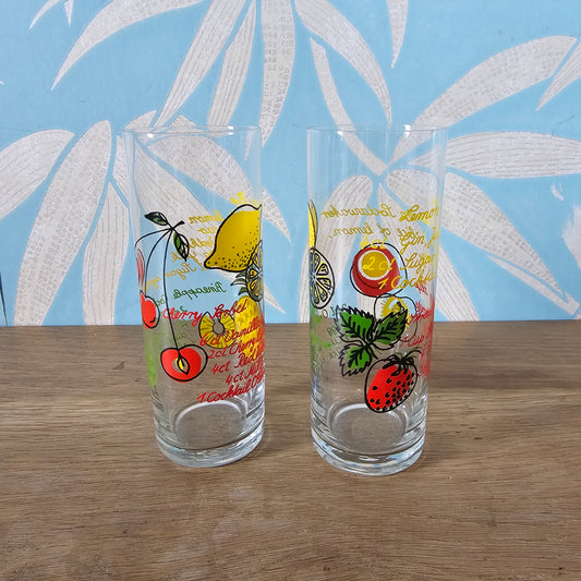 Pair of 1960s/70s retro fruit & cocktail recipe themed highballs