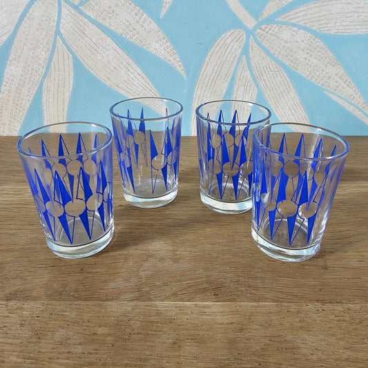 Set of four 1960s blue "Zulu" tot glasses by Hardie Williamson for Ravenhead Glass