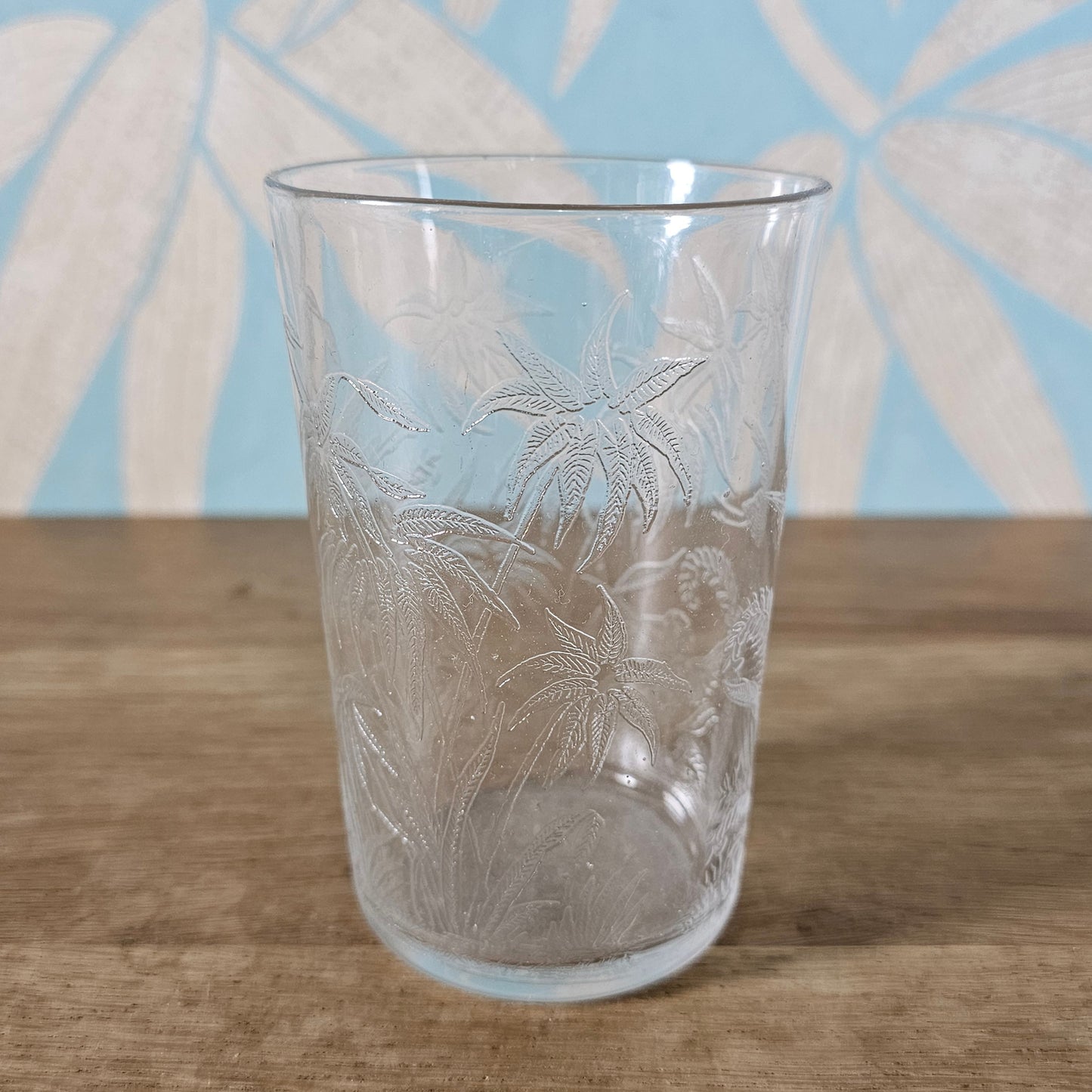 1960s etched glass tumbler with tropical bird design