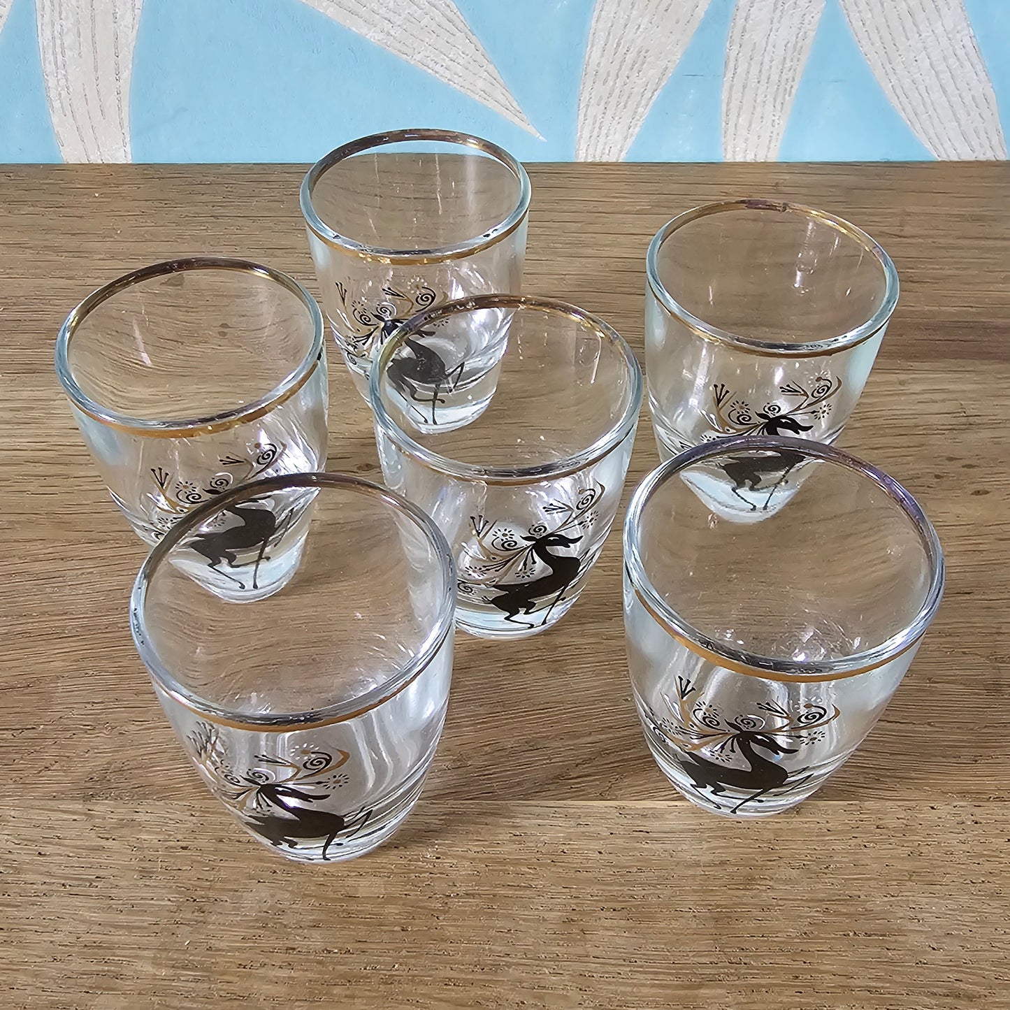 Set of 6 mid-century black & gilt reindeer shot glasses