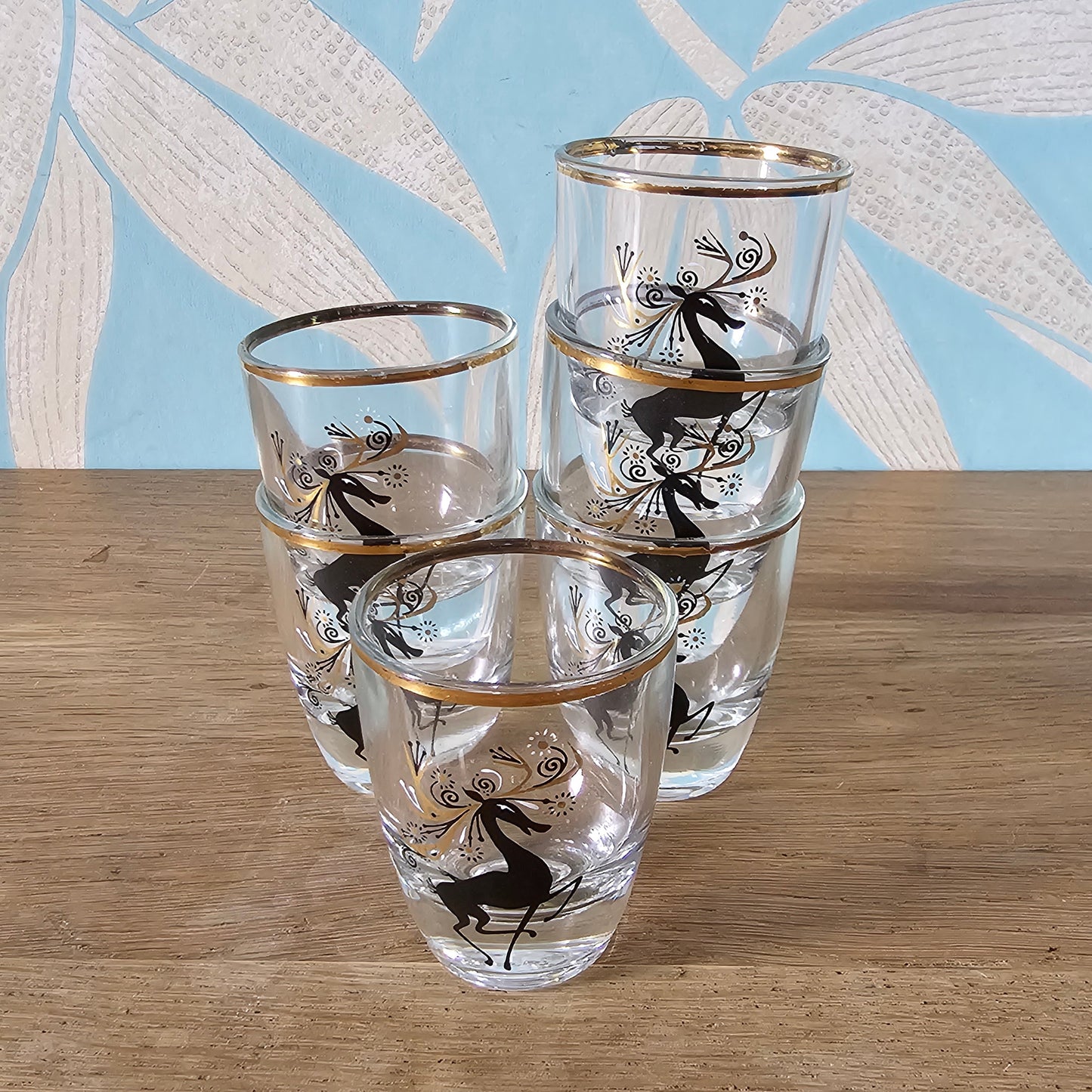 Set of 6 mid-century black & gilt reindeer shot glasses