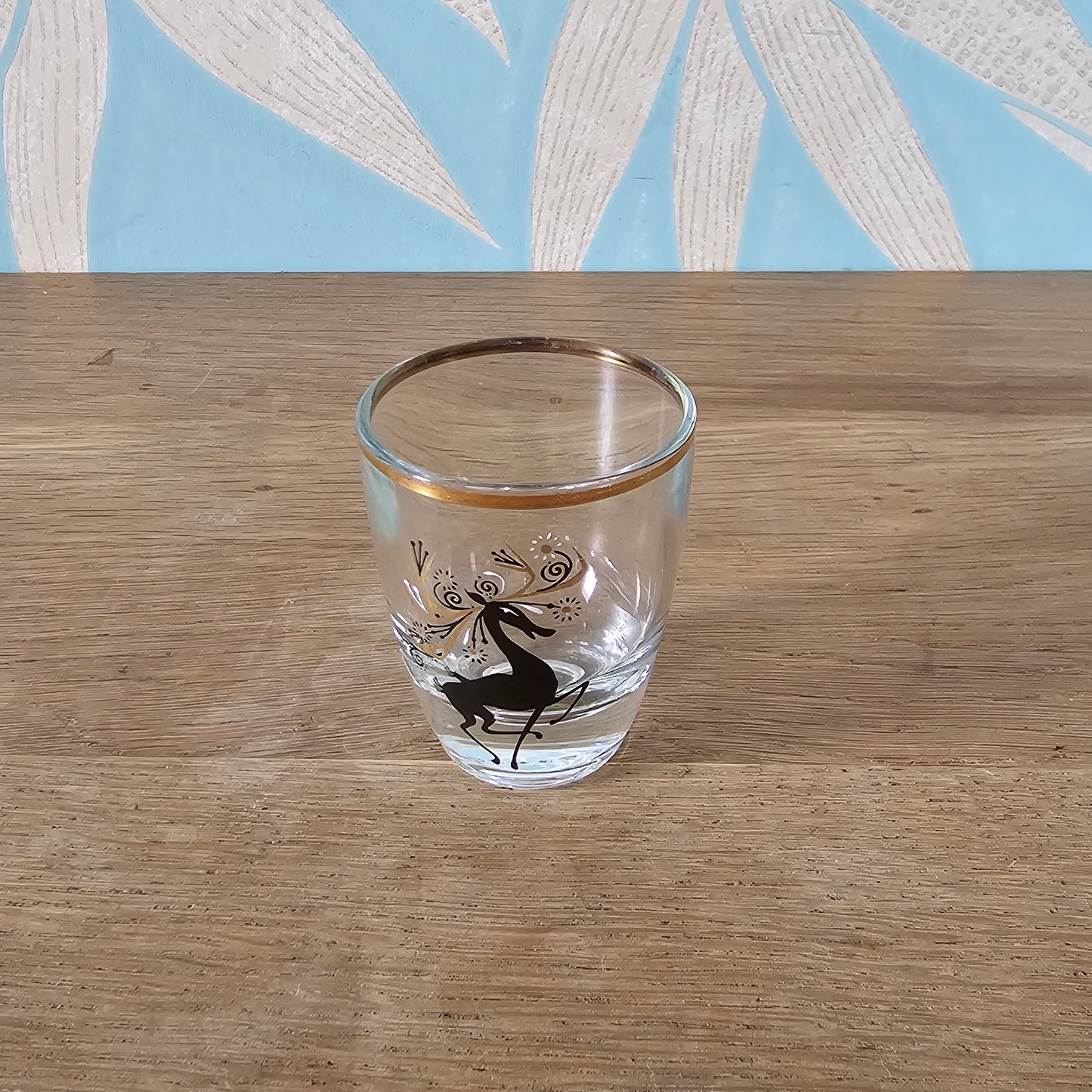 Set of 6 mid-century black & gilt reindeer shot glasses