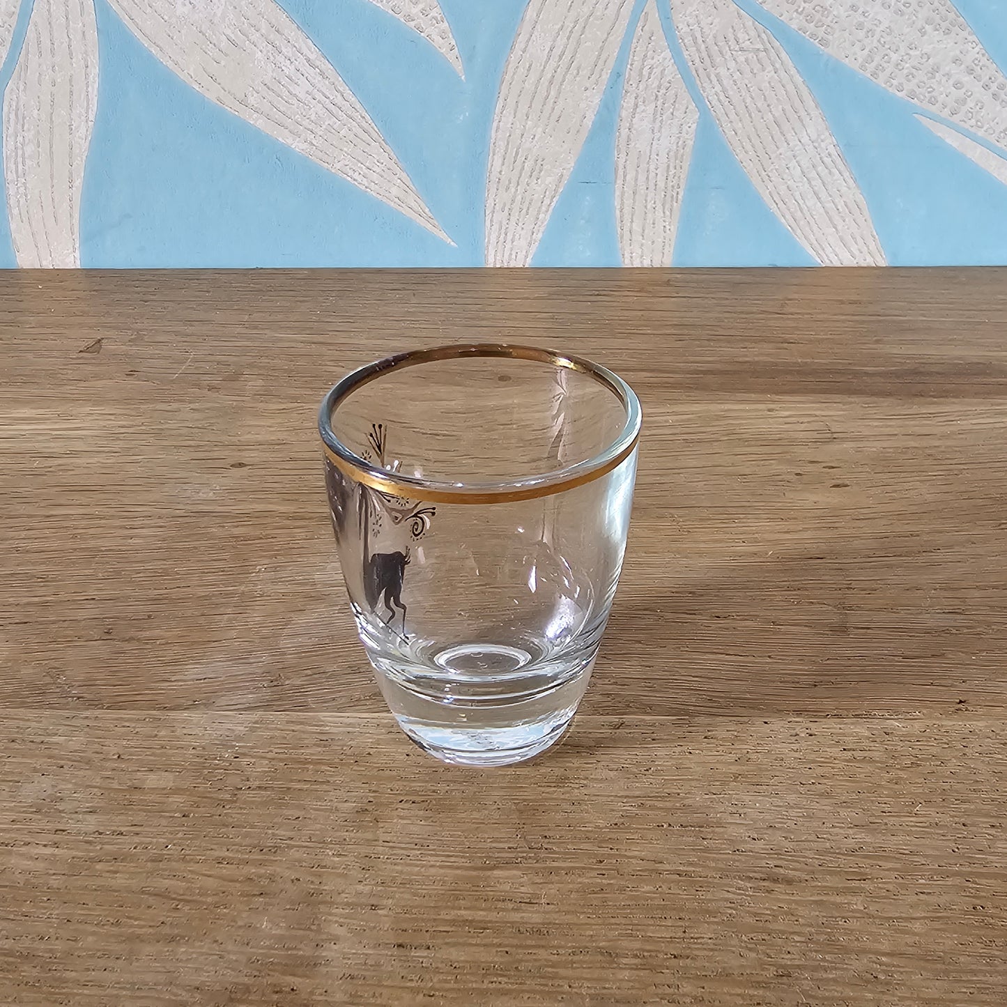 Set of 6 mid-century black & gilt reindeer shot glasses