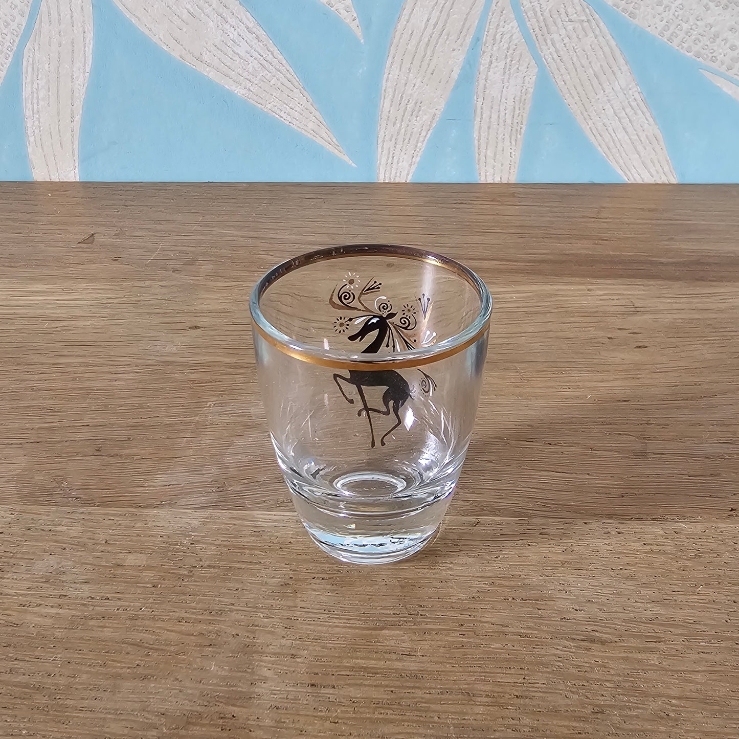 Set of 6 mid-century black & gilt reindeer shot glasses