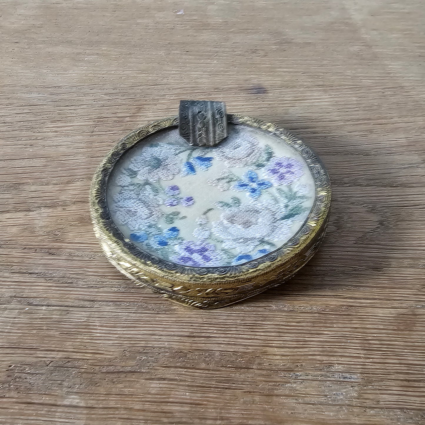Vintage gilt metal and glass ladies’ ashtray with petit point floral embroidery