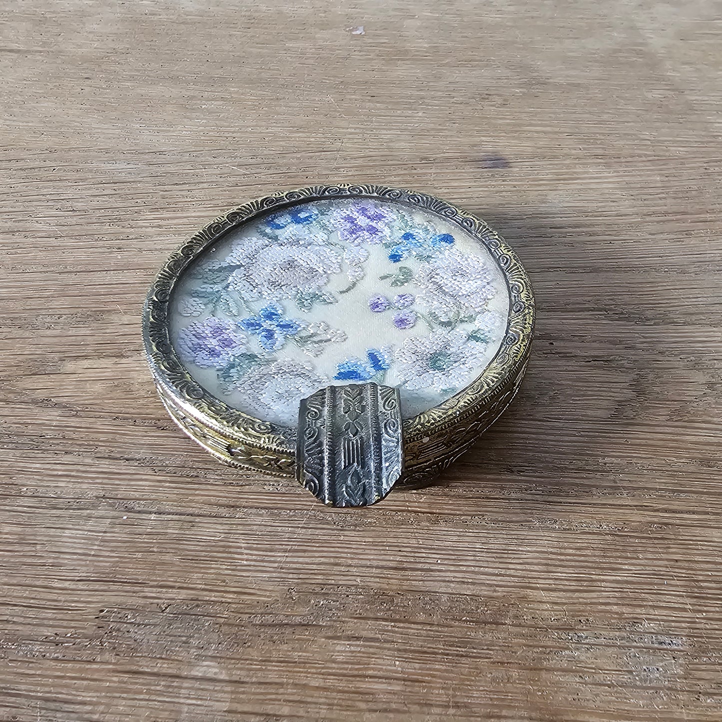 Vintage gilt metal and glass ladies’ ashtray with petit point floral embroidery