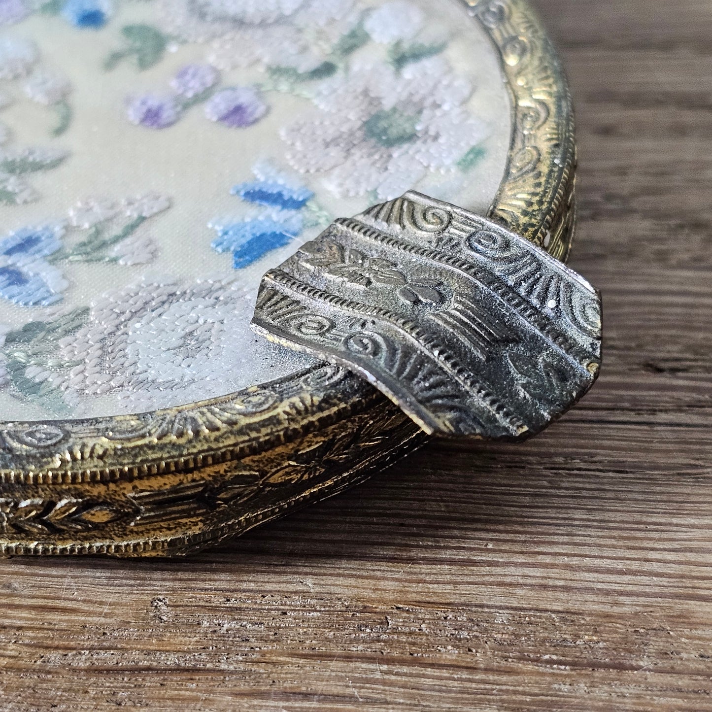 Vintage gilt metal and glass ladies’ ashtray with petit point floral embroidery