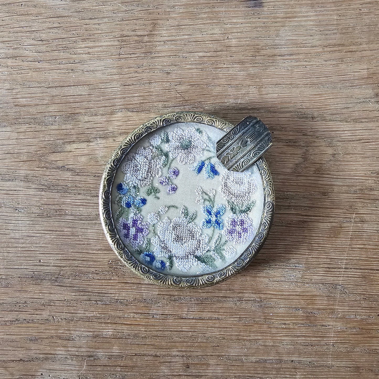 Vintage gilt metal and glass ladies’ ashtray with petit point floral embroidery