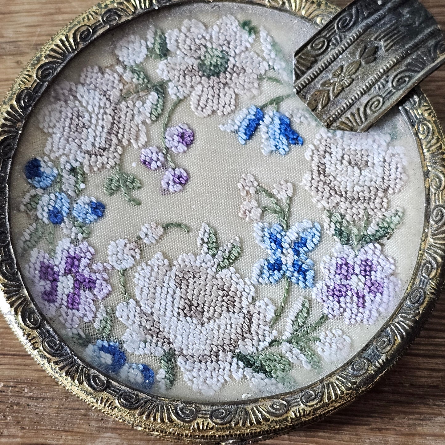 Vintage gilt metal and glass ladies’ ashtray with petit point floral embroidery