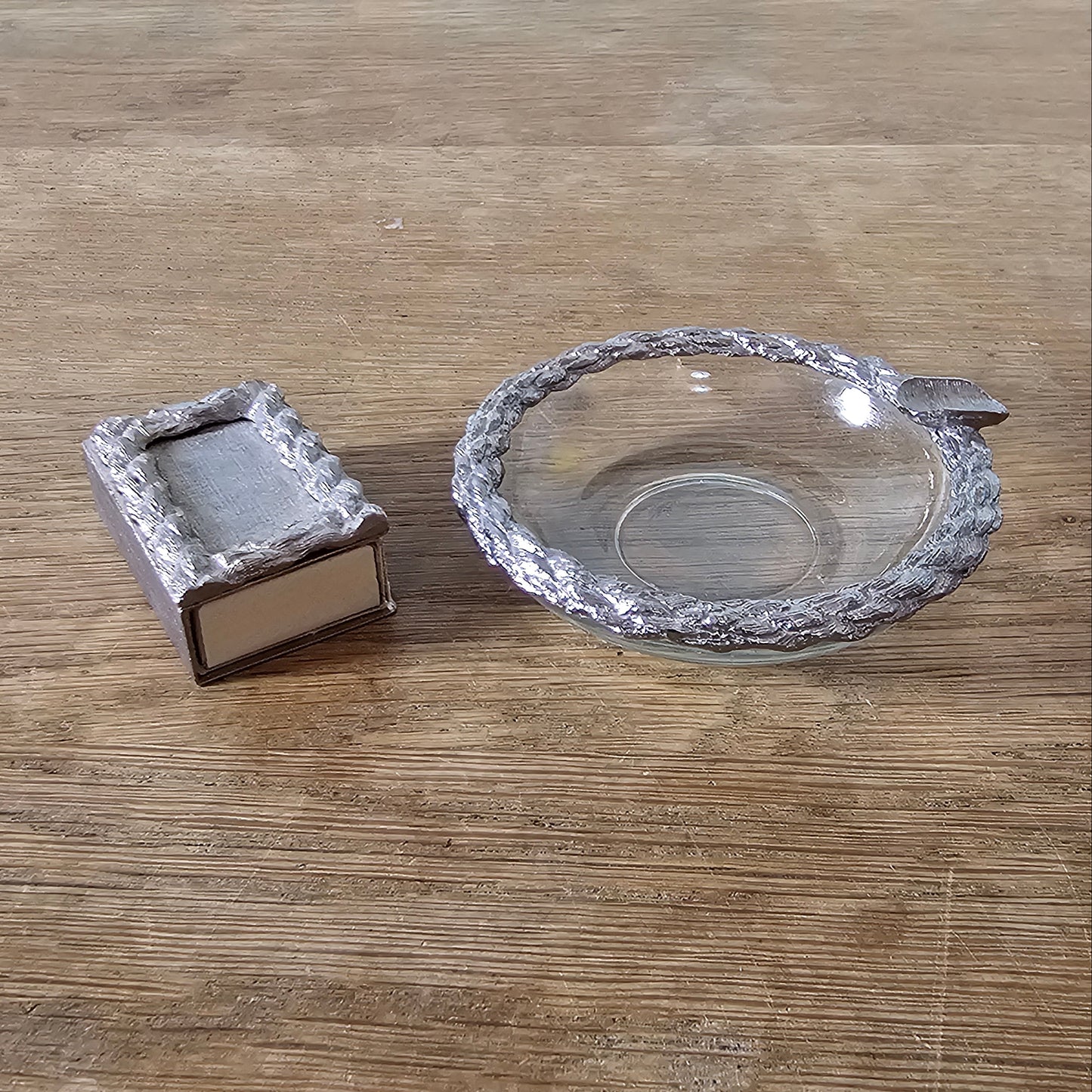 circa. 1970s silver-tone miniature ashtray & match holder with original Swedish matchbox