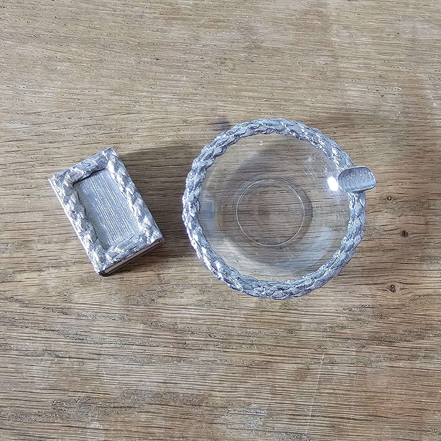 circa. 1970s silver-tone miniature ashtray & match holder with original Swedish matchbox
