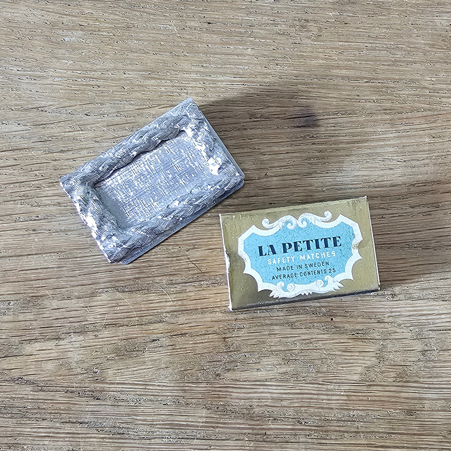 circa. 1970s silver-tone miniature ashtray & match holder with original Swedish matchbox