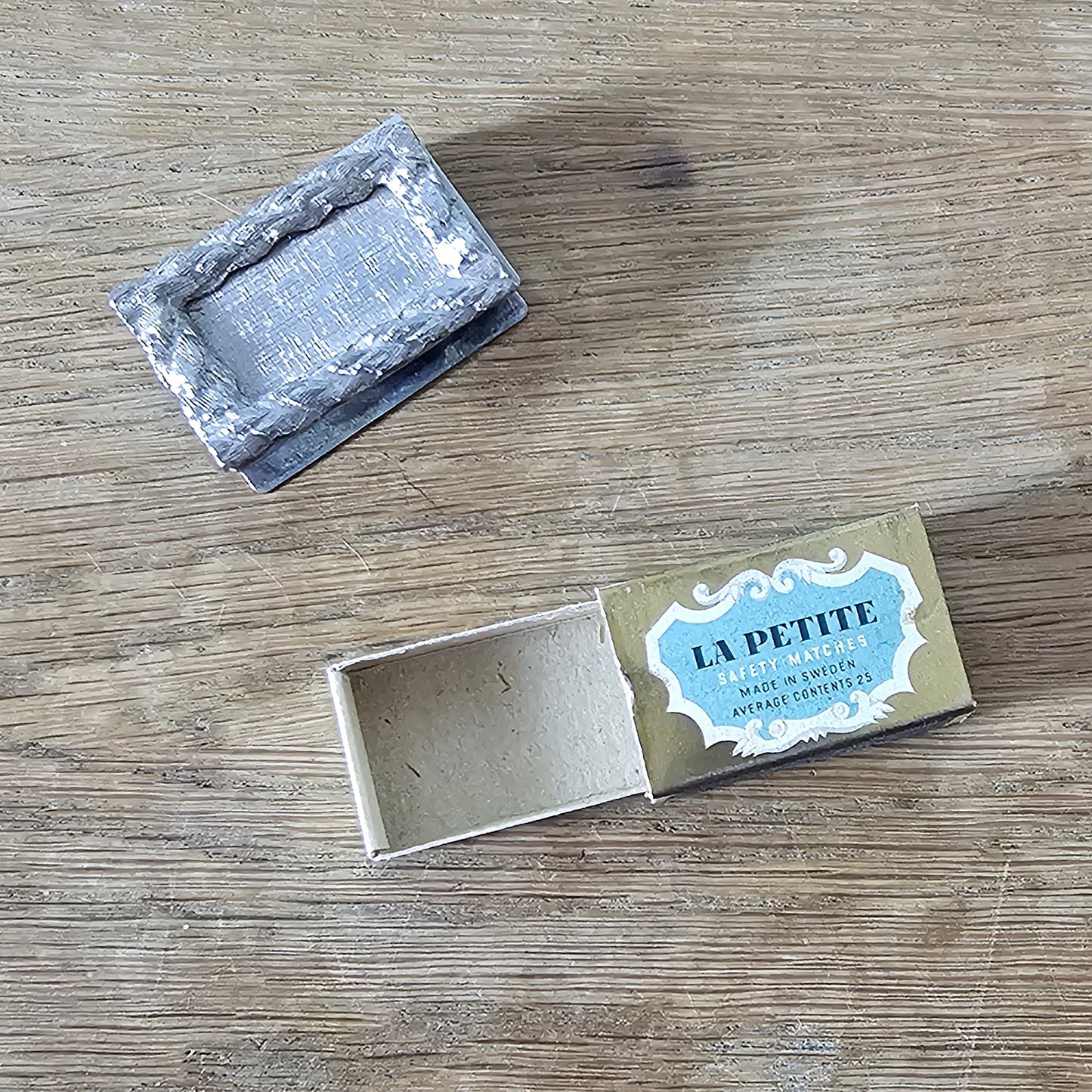 circa. 1970s silver-tone miniature ashtray & match holder with original Swedish matchbox