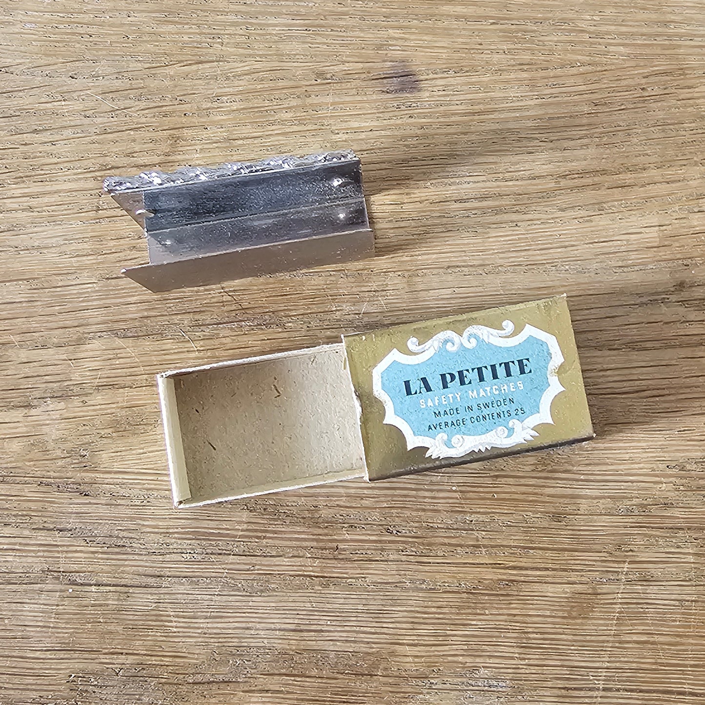 circa. 1970s silver-tone miniature ashtray & match holder with original Swedish matchbox