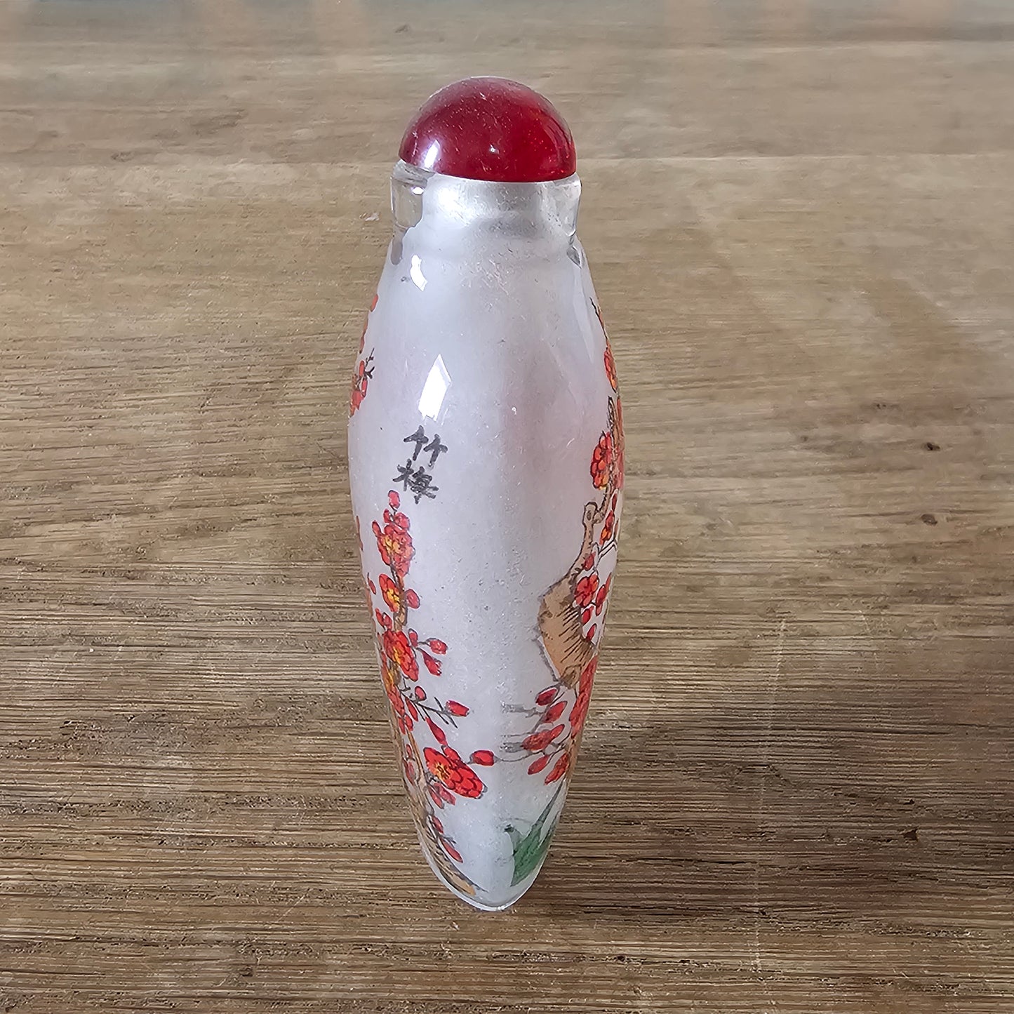 Vintage Chinese reverse painted Bamboo & Plum glass snuff bottle with red glass stopper