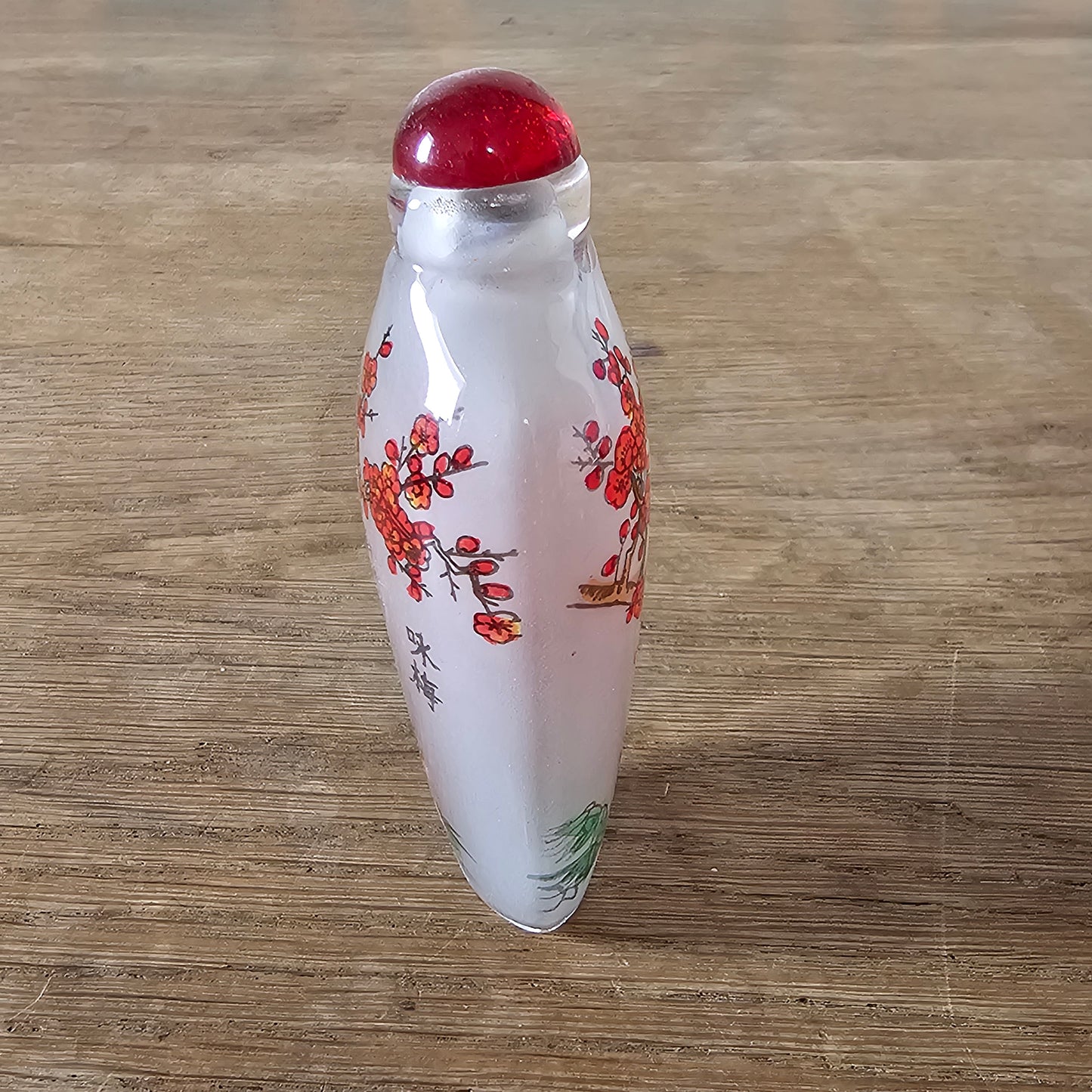Vintage Chinese reverse painted Bamboo & Plum glass snuff bottle with red glass stopper