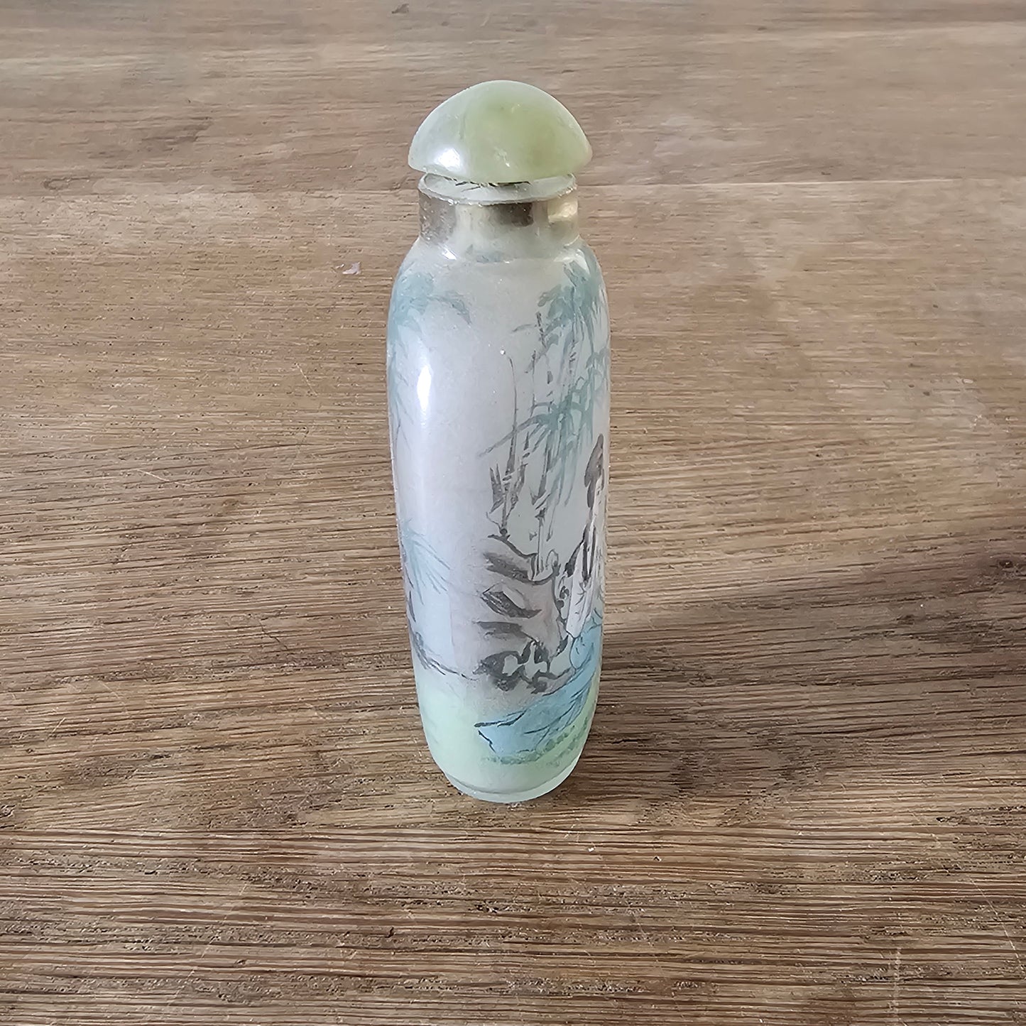 Vintage Chinese reverse painted Lady & Bamboo glass snuff bottle with serpentine stopper