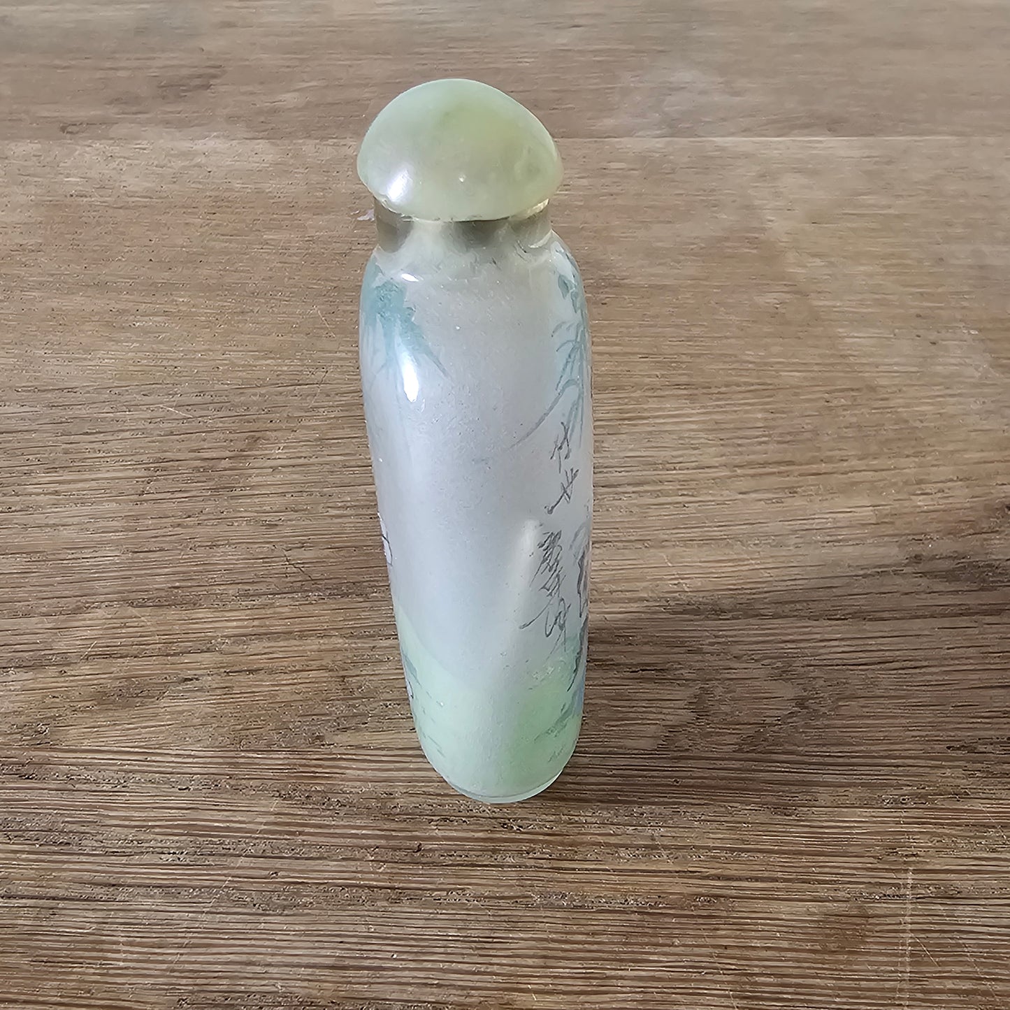 Vintage Chinese reverse painted Lady & Bamboo glass snuff bottle with serpentine stopper