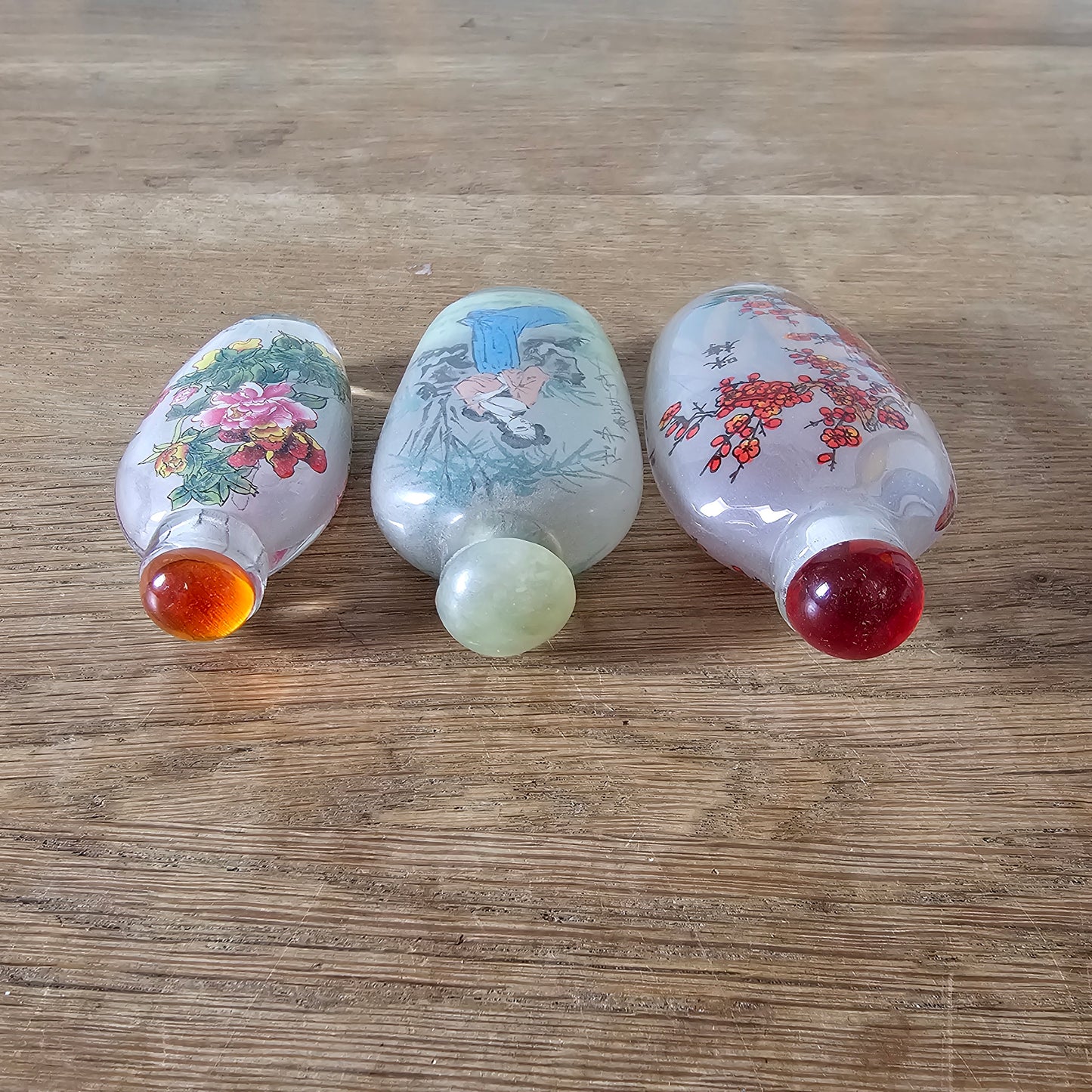 Vintage Chinese reverse painted Bamboo & Plum glass snuff bottle with red glass stopper