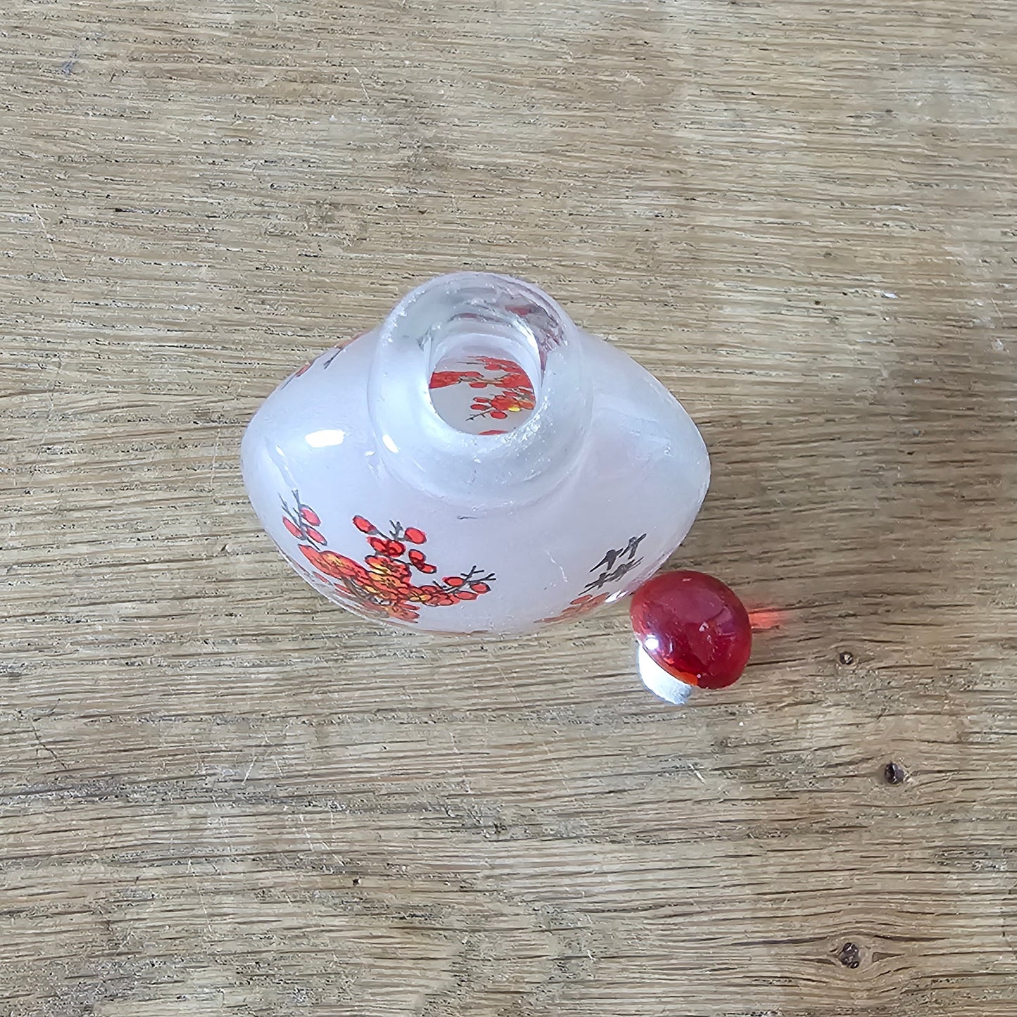 Vintage Chinese reverse painted Bamboo & Plum glass snuff bottle with red glass stopper