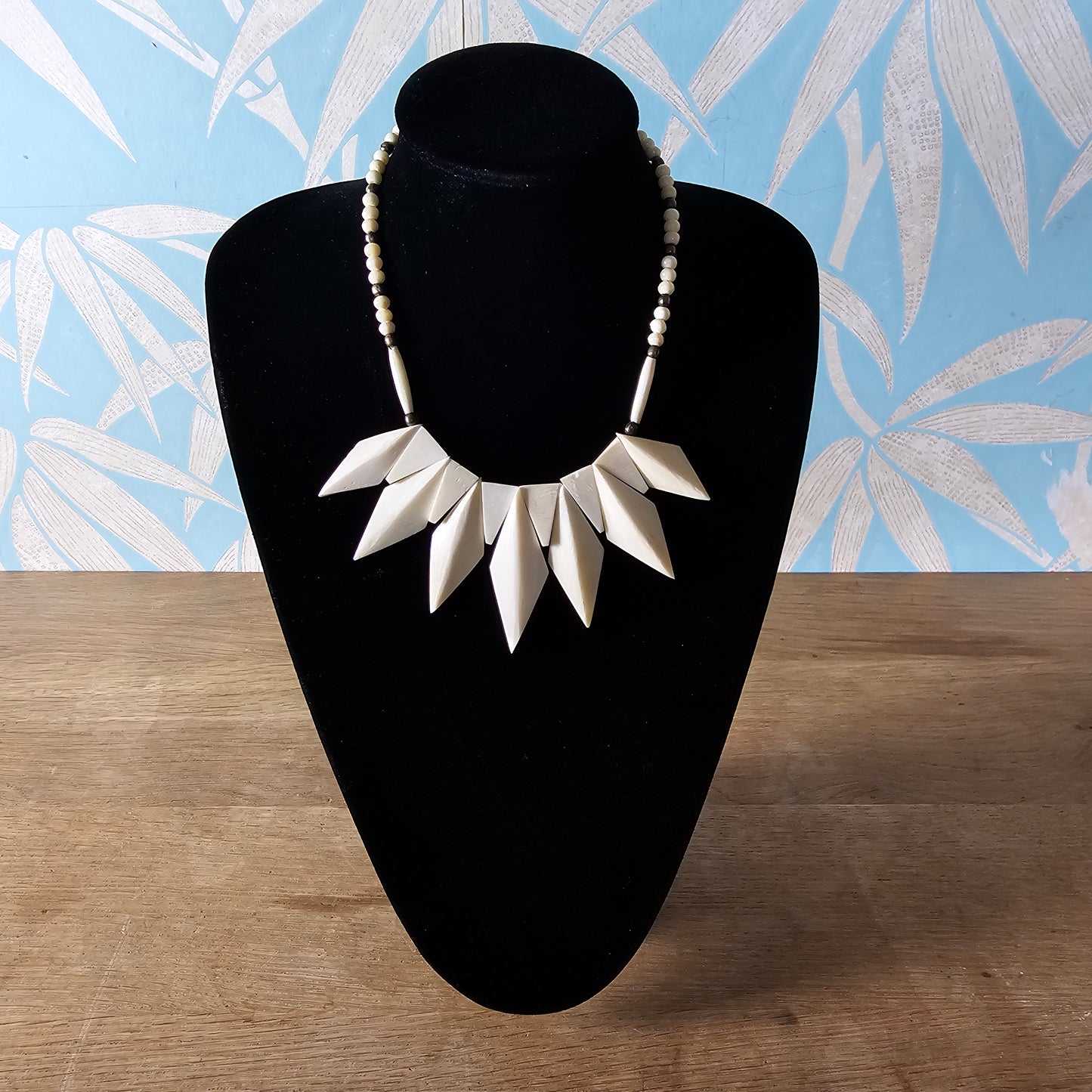 1970s carved bone geometric statement bib necklace
