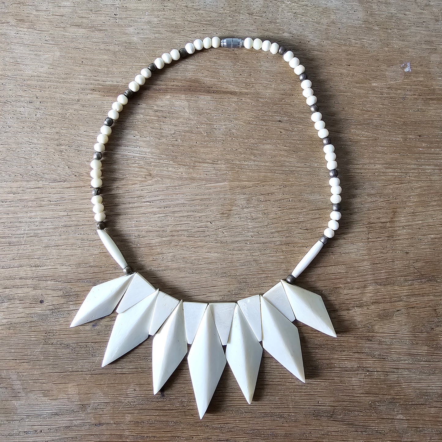 1970s carved bone geometric statement bib necklace