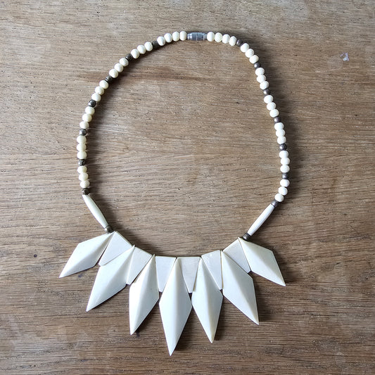 1970s carved bone geometric statement bib necklace