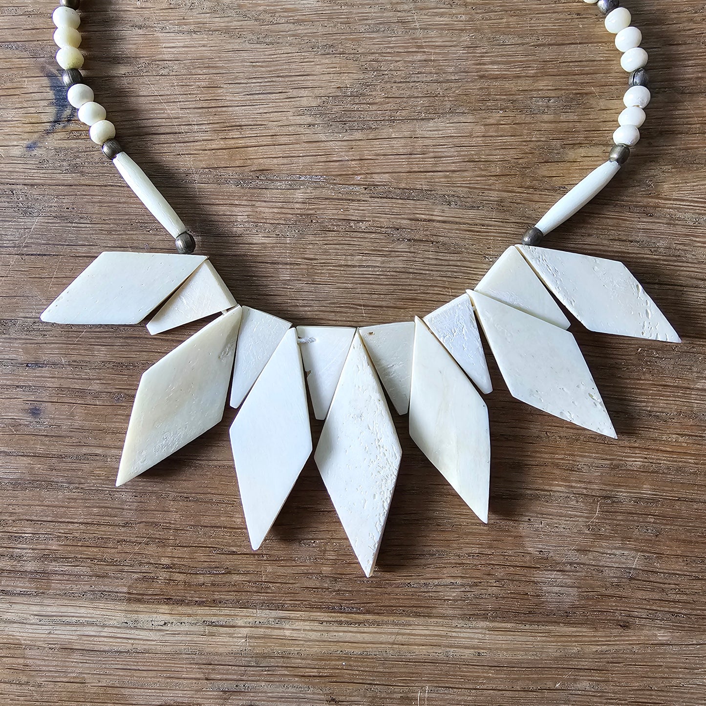 1970s carved bone geometric statement bib necklace