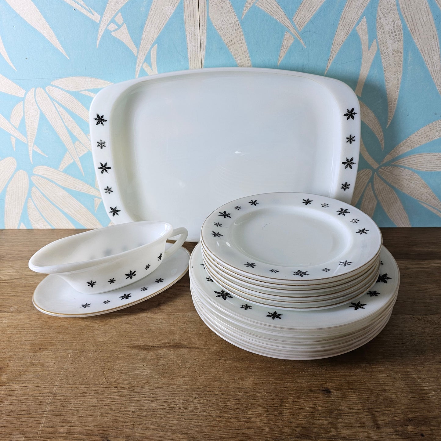 1950s JAJ Pyrex Charcoal on White Snowflake dinner set