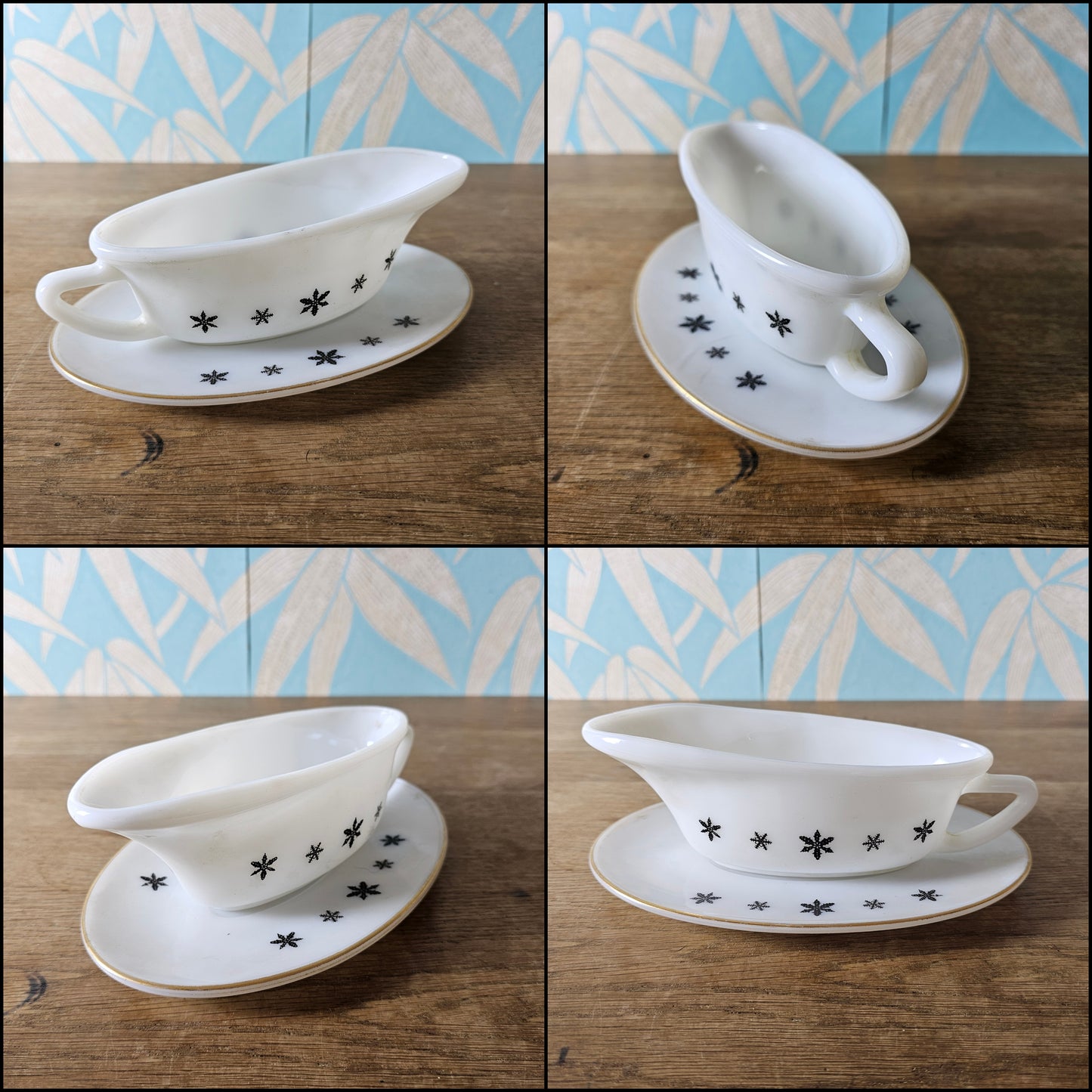 1950s JAJ Pyrex Charcoal on White Snowflake dinner set