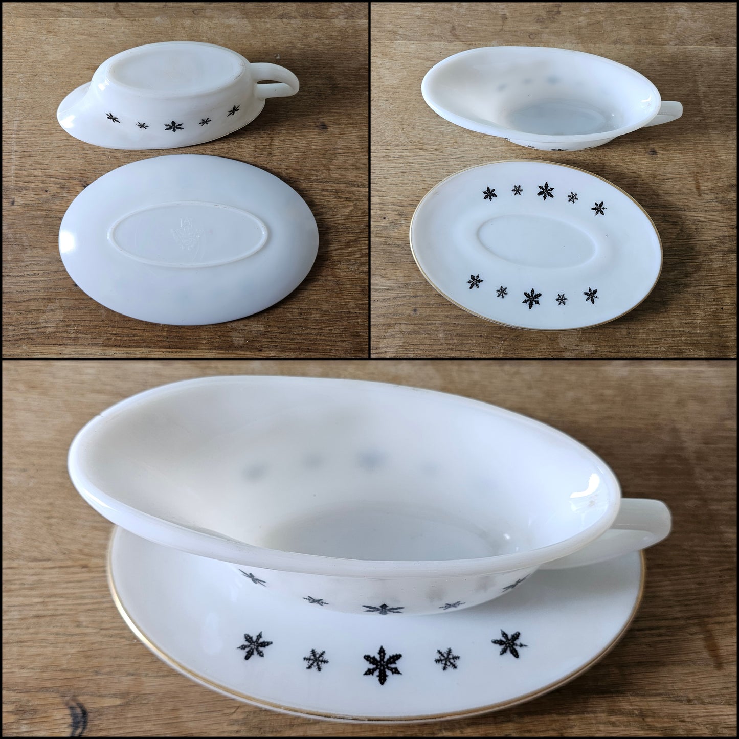 1950s JAJ Pyrex Charcoal on White Snowflake dinner set