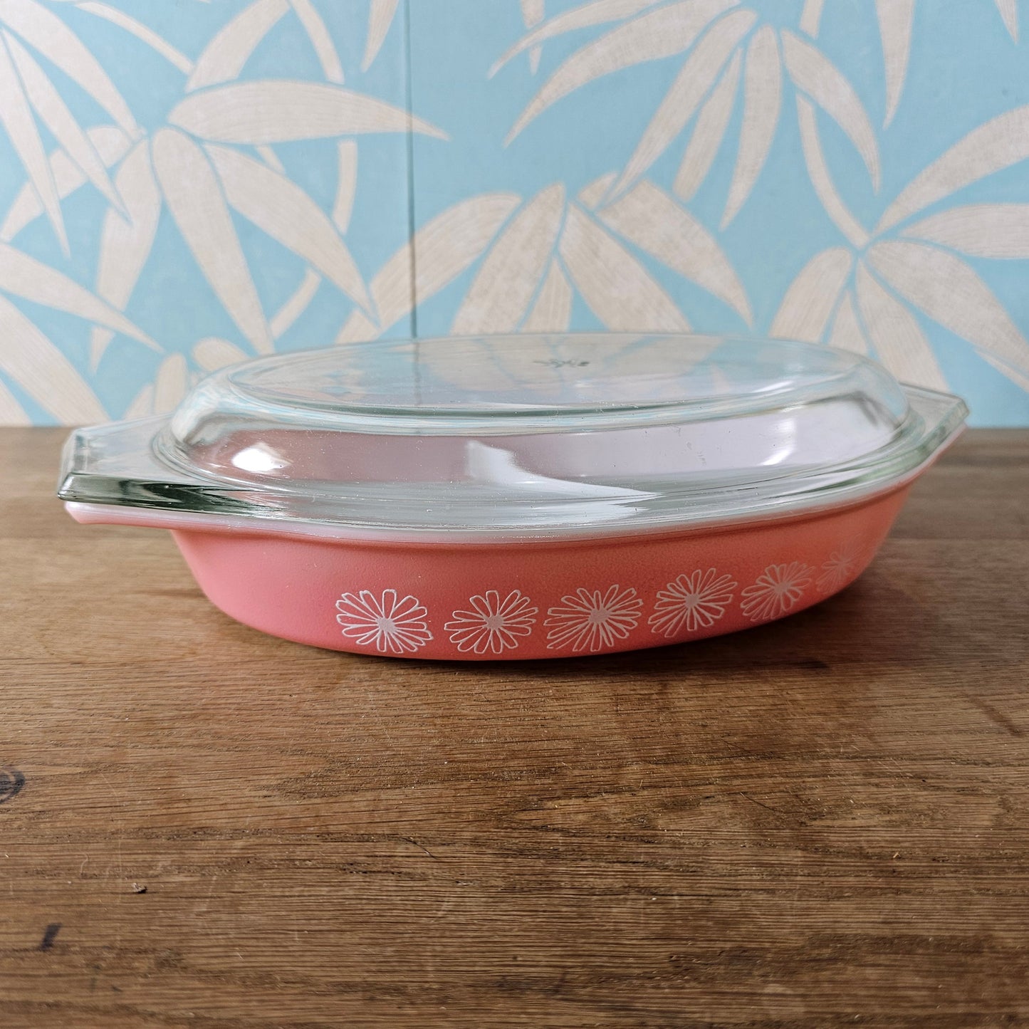 1950s JAJ Pyrex Pink Daisy oval divided casserole dish with clear glass lid