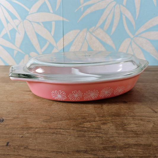 1950s JAJ Pyrex Pink Daisy oval divided casserole dish with clear glass lid