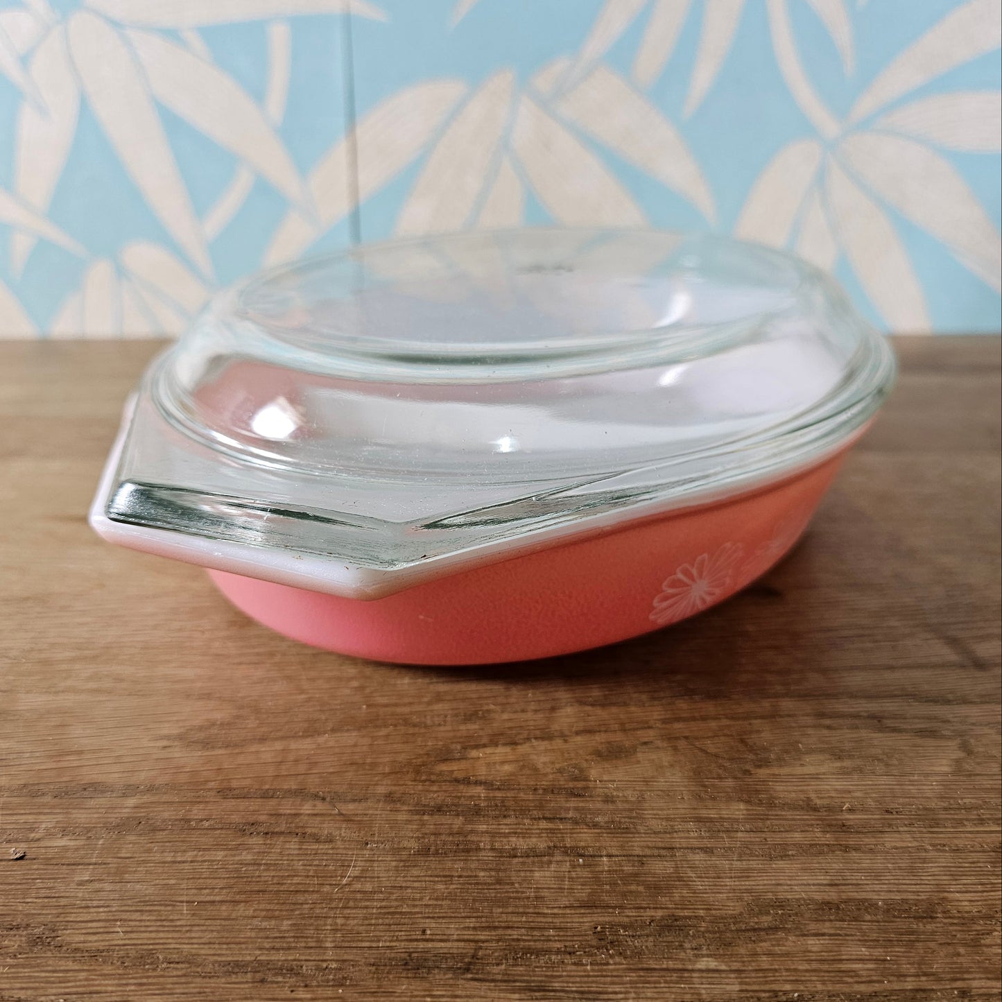 1950s JAJ Pyrex Pink Daisy oval divided casserole dish with clear glass lid