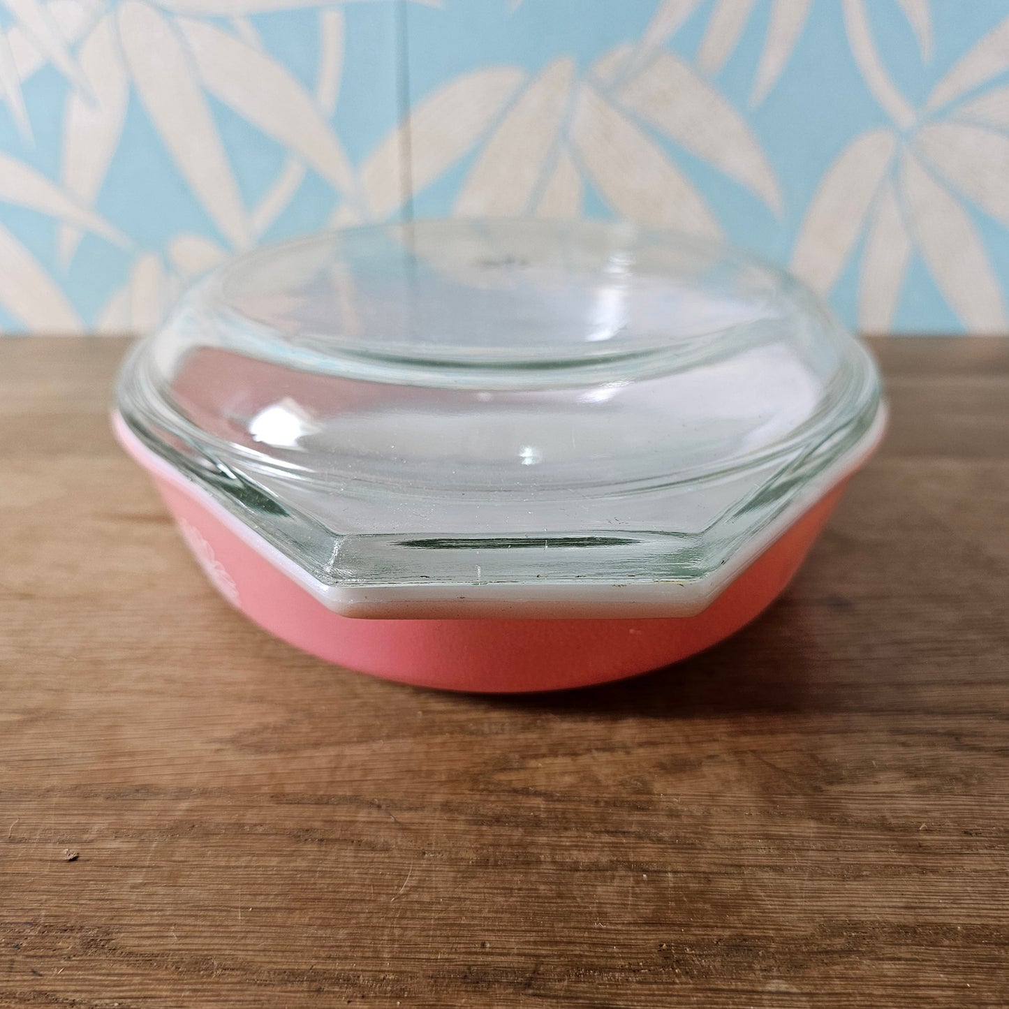 1950s JAJ Pyrex Pink Daisy oval divided casserole dish with clear glass lid