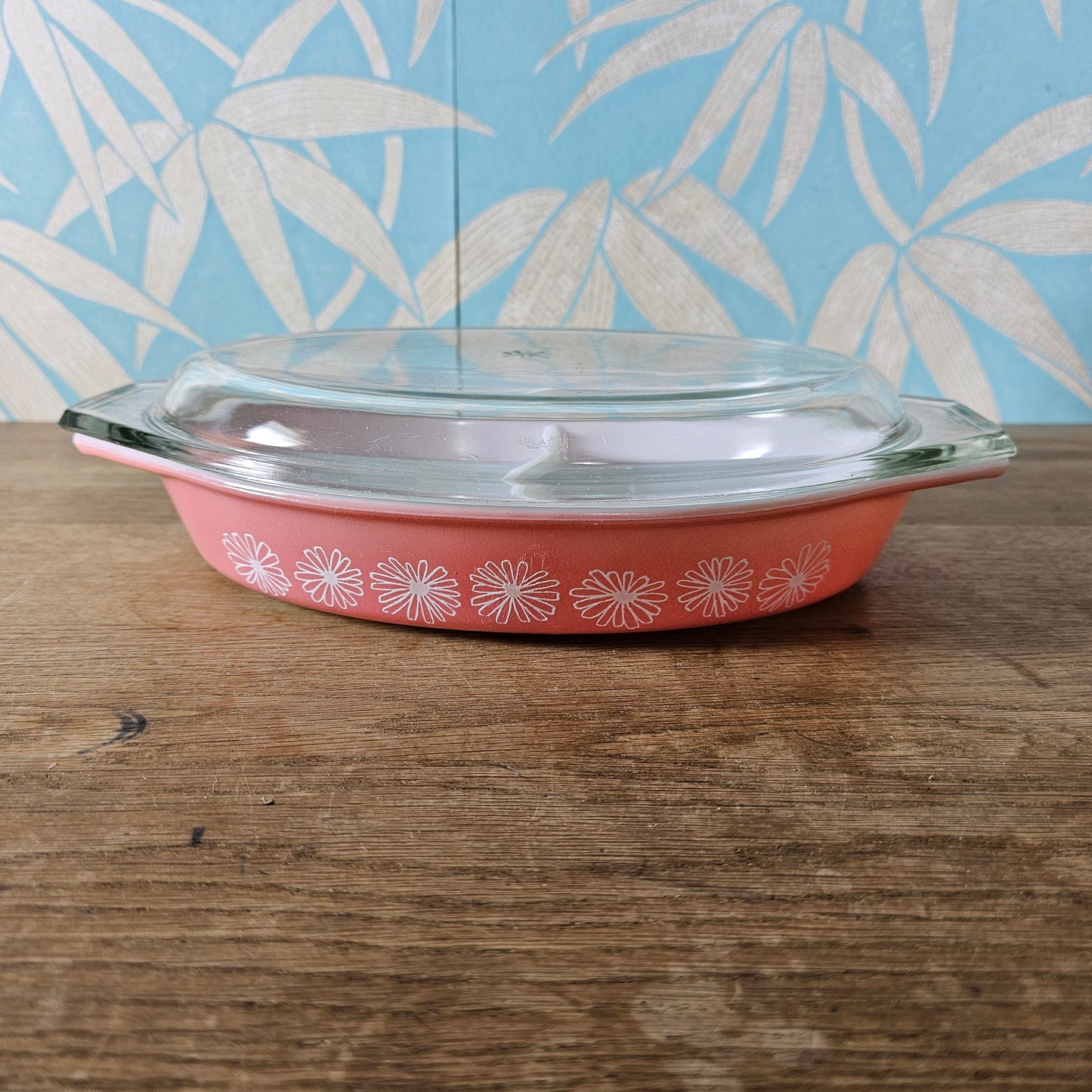 1950s JAJ Pyrex Pink Daisy oval divided casserole dish with clear glass lid