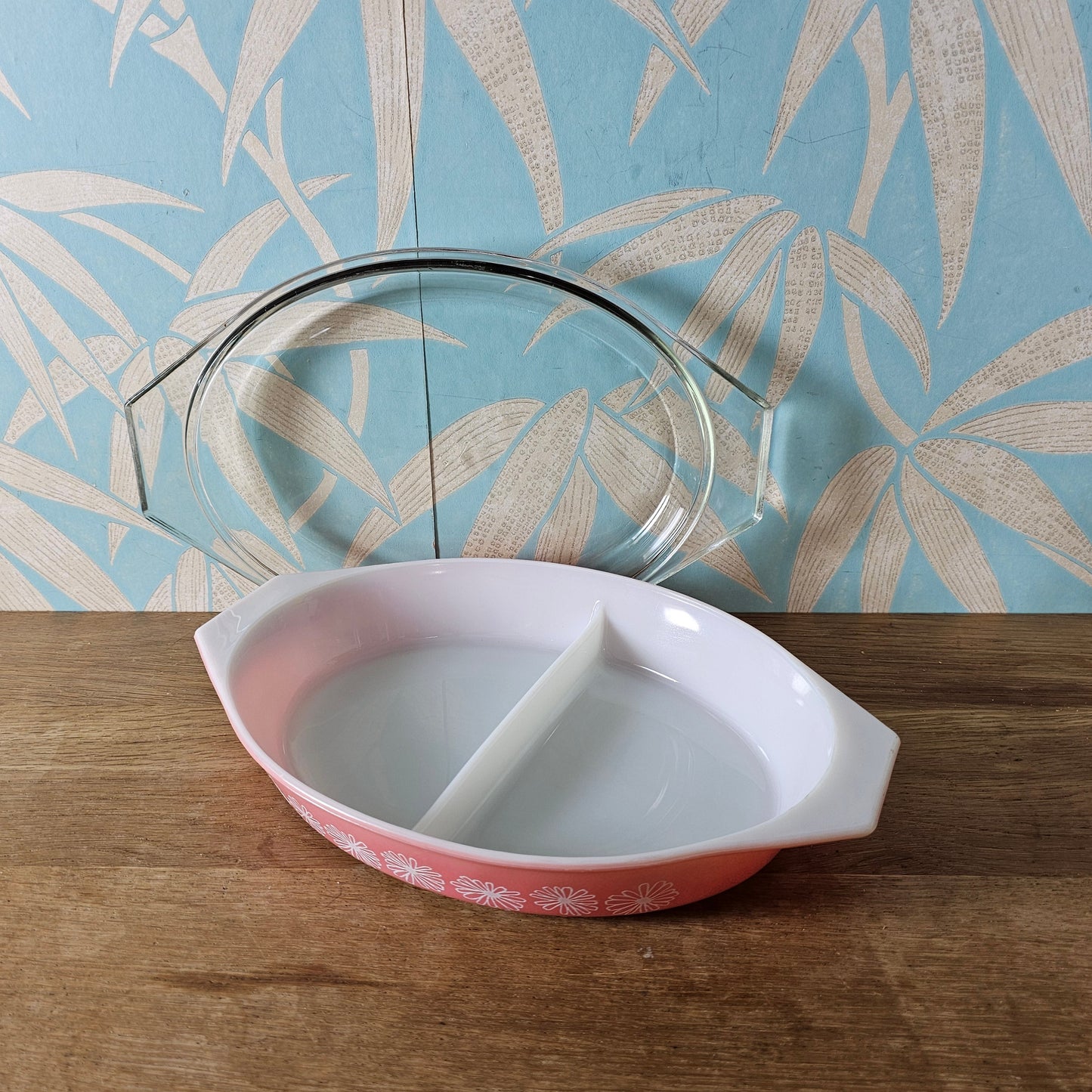 1950s JAJ Pyrex Pink Daisy oval divided casserole dish with clear glass lid