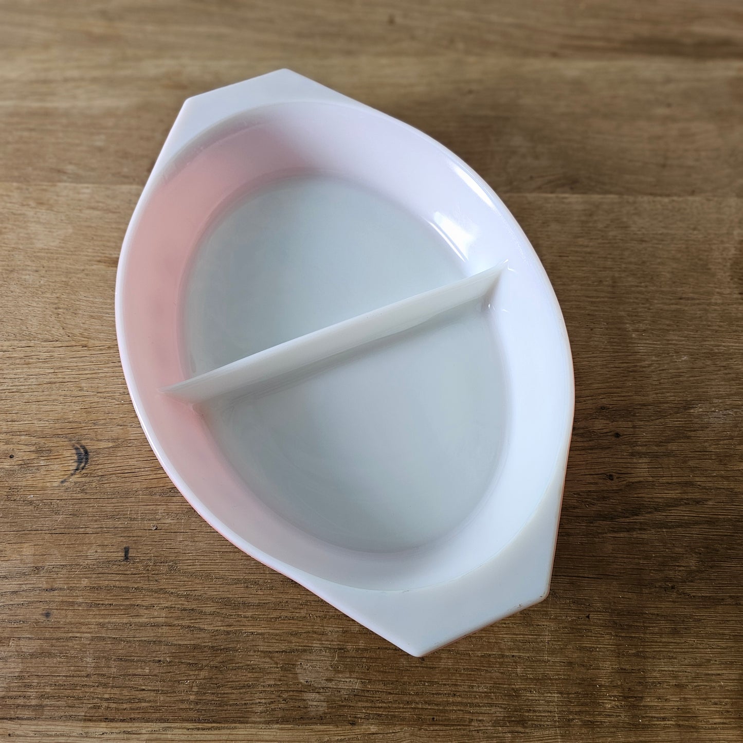 1950s JAJ Pyrex Pink Daisy oval divided casserole dish with clear glass lid
