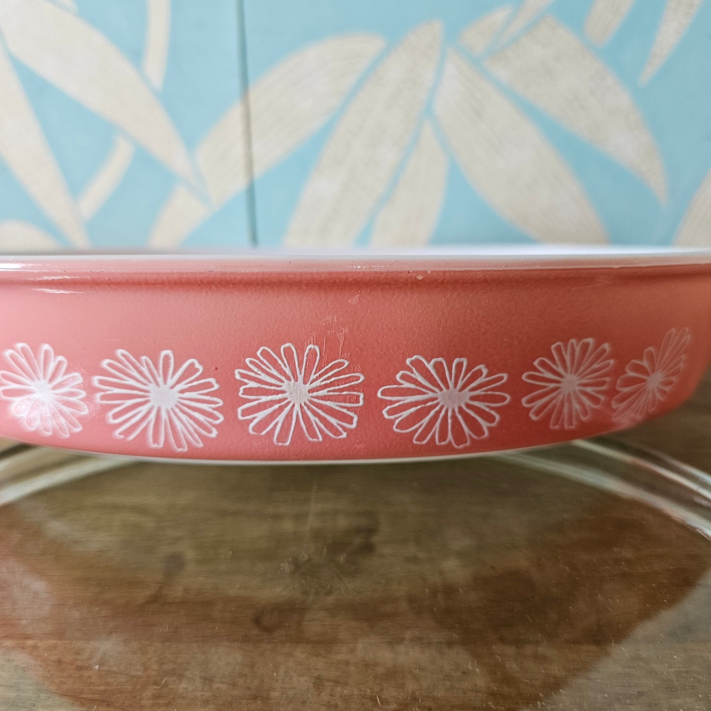 1950s JAJ Pyrex Pink Daisy oval divided casserole dish with clear glass lid