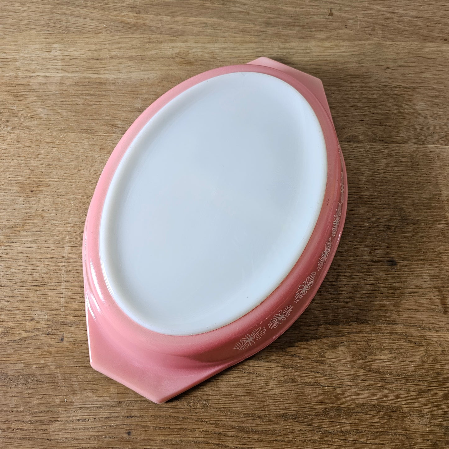 1950s JAJ Pyrex Pink Daisy oval divided casserole dish with clear glass lid