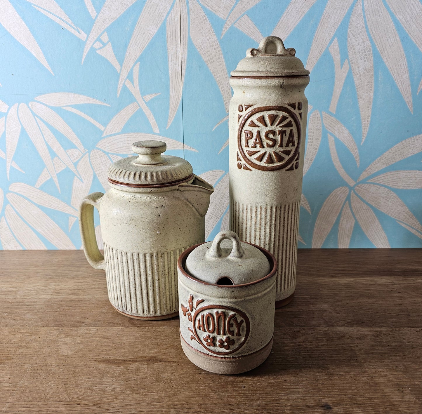 1970s tall rustic stoneware Pasta storage jar with lid