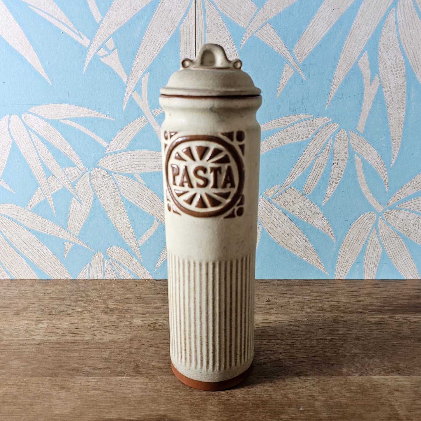 1970s tall rustic stoneware Pasta storage jar with lid