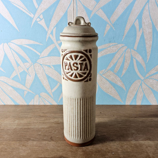 1970s tall rustic stoneware Pasta storage jar with lid