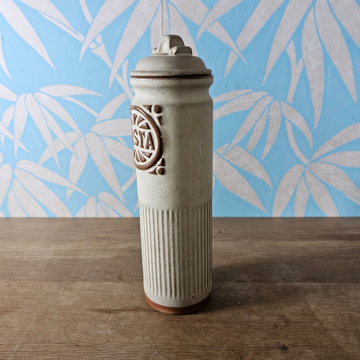 1970s tall rustic stoneware Pasta storage jar with lid