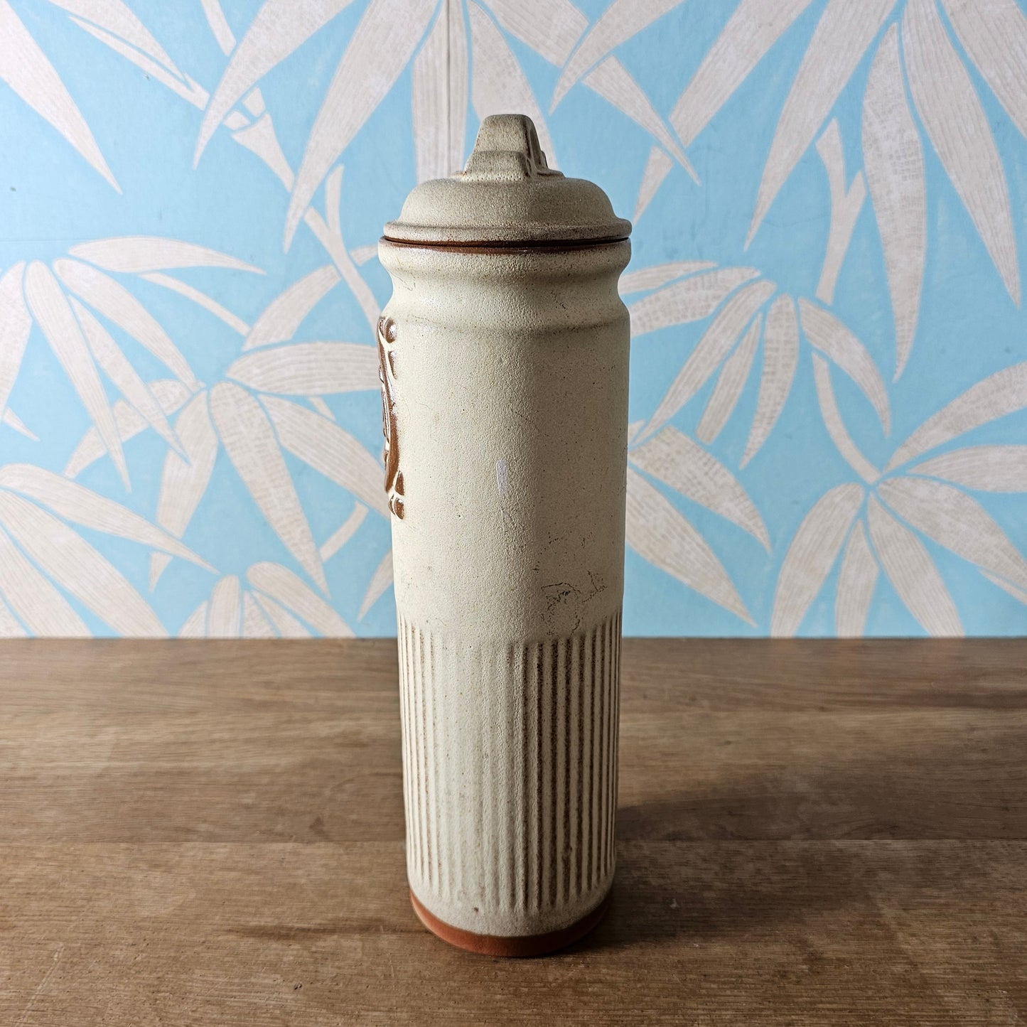 1970s tall rustic stoneware Pasta storage jar with lid