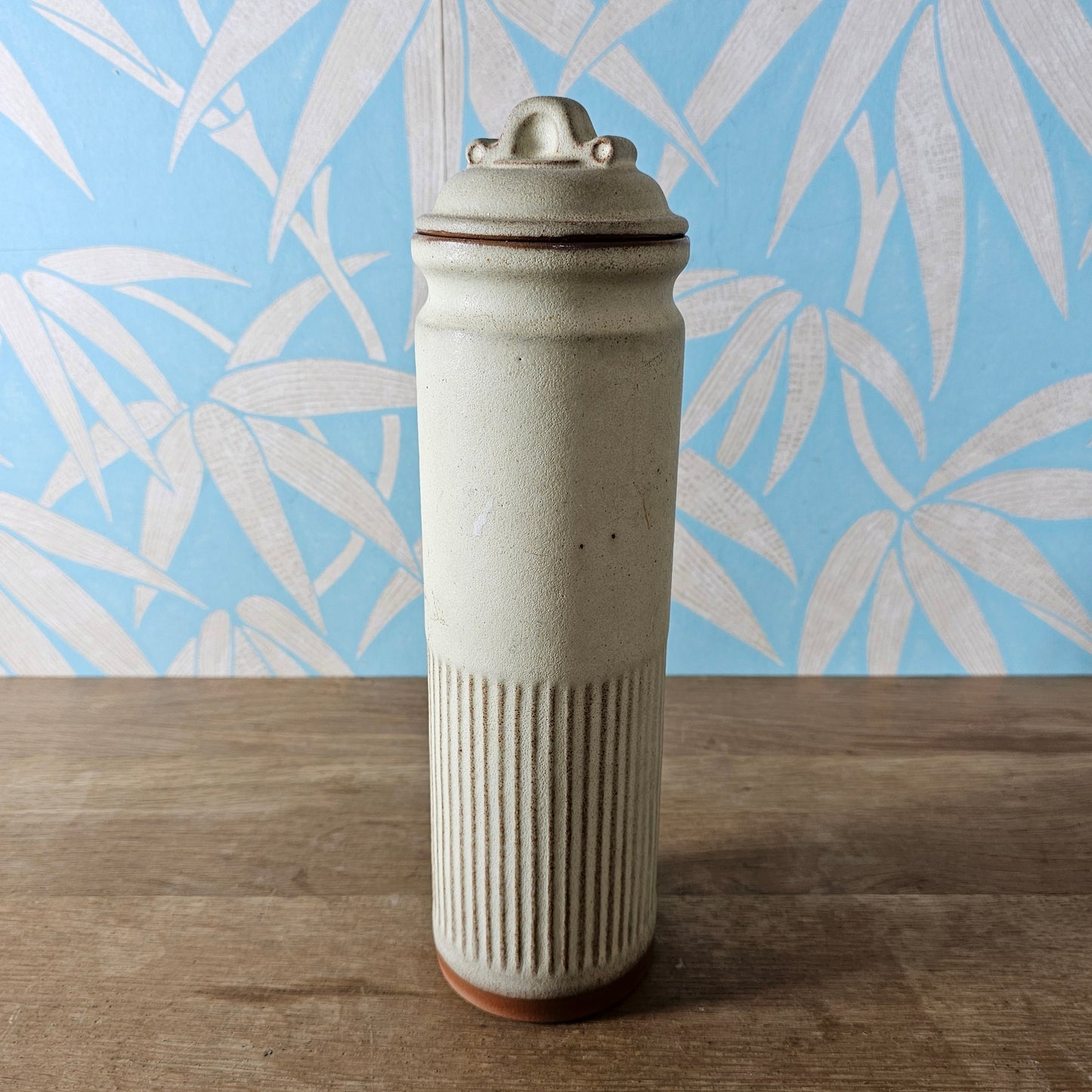 1970s tall rustic stoneware Pasta storage jar with lid