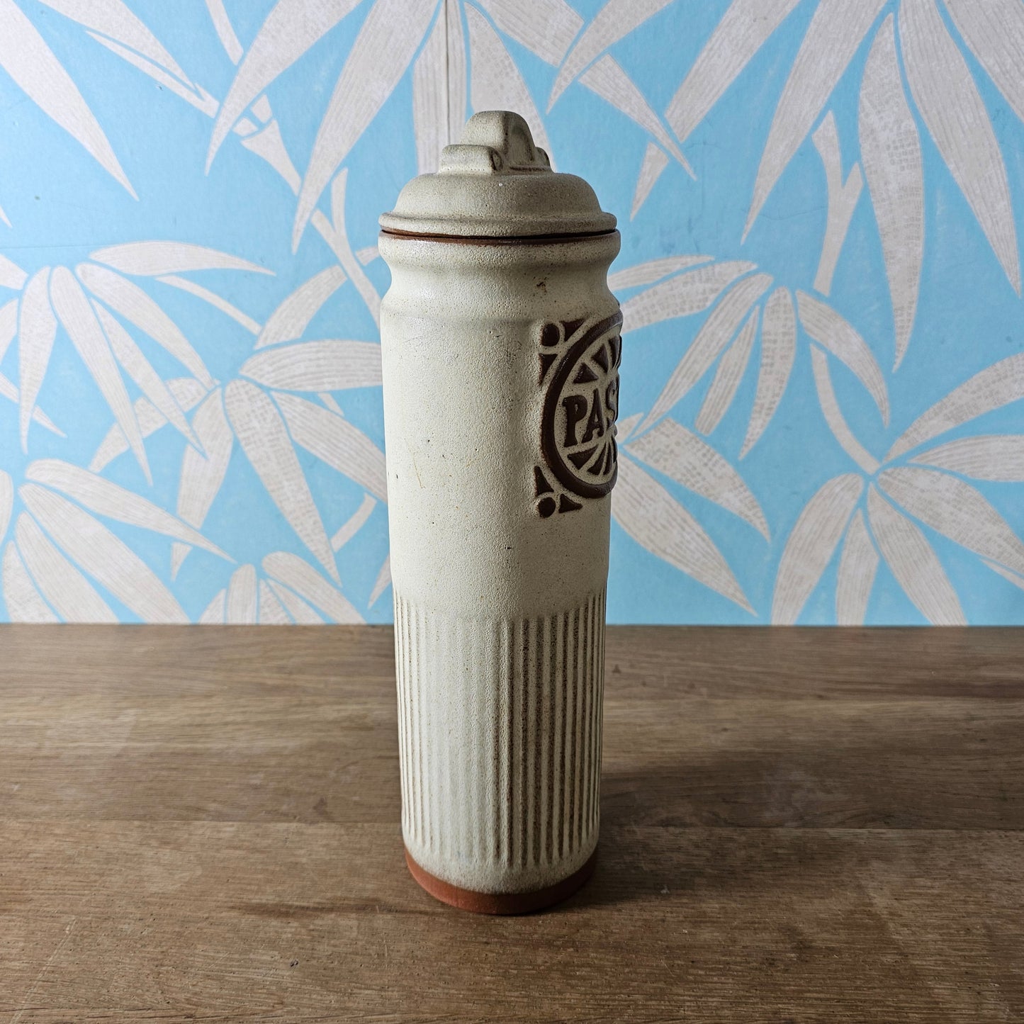 1970s tall rustic stoneware Pasta storage jar with lid