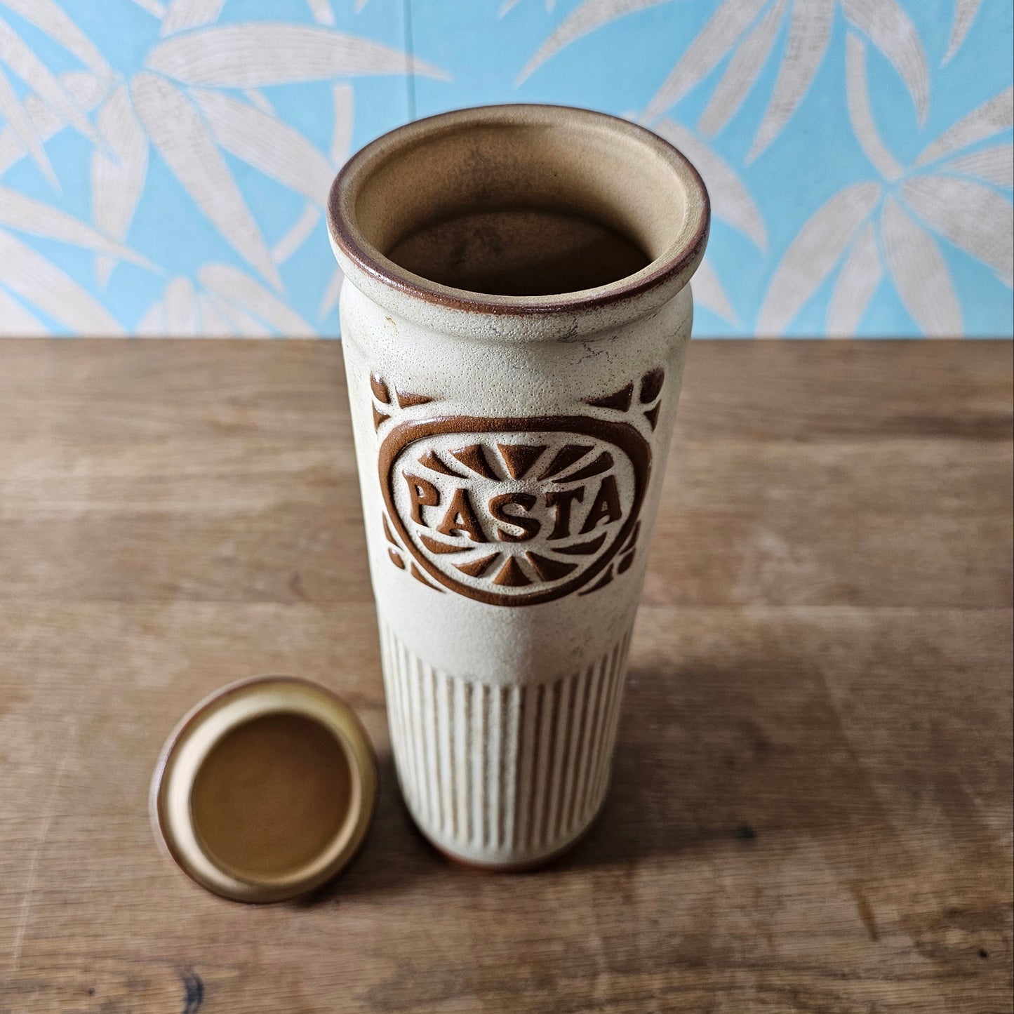 1970s tall rustic stoneware Pasta storage jar with lid